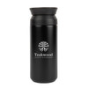 A double wall coffee cup in matte black with a lid and a logo on the front.