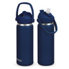 A drink bottle in navy blue with a flip straw, vacuum insulation, and a handle. Features a logo on the bottle.