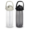 A drink bottle set featuring a clear bottle with a light grey lid and a dark grey bottle with a black lid, both with straws.