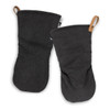 Two black canvas oven mitts with a loop for hanging and a branding label on one.