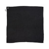 A black, textured travel towel with a corner loop for hanging. It has a simple design and a towel-like appearance.