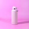 A drink bottle in light pink with a handle and a silver cap, featuring a logo.