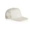 A beige mesh trucker cap featuring a solid front and mesh back, with a curved peak and a logo.