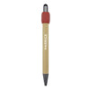 A bamboo rollerball pen with a red cap and black tip, featuring branding on the barrel.