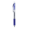 A gel ink pen with a clear barrel, purple grip, and a purple click top, featuring a logo on the side.