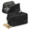 A black toiletry bag with a zippered opening, featuring multiple compartments inside and a tag attached.