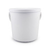A white plastic bucket with a lid and two handles for easy carrying.