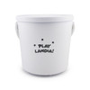 A white bucket with two handles and a logo featuring the text "Play Landia!" and stars.