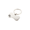 A silver dog bone keytag with a keyring attachment. The tag is shaped like a bone, featuring a pet paw design.