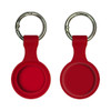 A red silicone Airtag case featuring a keyring attachment, displaying both front and back views.