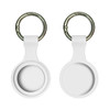 A white silicone Airtag case with a round design and keyring attachment, featuring a branding logo.