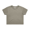A cropped t-shirt in a faded olive green, featuring a simple design and a logo.