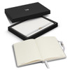 A notebook gift set featuring a white notebook with lined pages, presented in a black box with a logo.