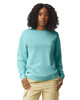 A turquoise crewneck sweatshirt displayed on a model, featuring long sleeves and a classic fit.