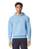 A light blue hooded sweatshirt with a drawstring, featuring a logo on the front. Suitable for casual wear.