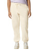 Lightweight cream-coloured sweatpants with an elastic waistband and drawstring. Features a logo on the garment.