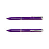 A purple pen with a shiny silver clip and accents, featuring a sleek design and a branding logo.