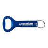 A drink bottle opener key ring in blue with a silver key ring and a logo on the handle.