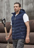 Unisex hooded puffer vest in navy, featuring a zipper and a logo, modelled by a man holding a shovel outdoors.
