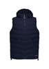 A navy unisex hooded puffer vest with a front zip and two side pockets. Features a logo on the upper.