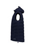 A unisex hooded puffer vest in navy blue, featuring a logo and a sleeveless design.