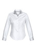 A long sleeve ladies shirt in white with a grey collar, featuring a logo on the chest.