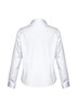 A white long sleeve shirt with a collar and buttoned cuffs, featuring a back view and a logo.