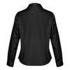 A black women's button-up long sleeve shirt featuring a sleek design and a back view. It has a logo on the label.
