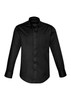 A black long sleeve shirt featuring a button-up design and a chest pocket. It has a logo on the chest.
