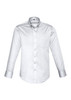 A white long sleeve shirt featuring a button-down collar and a chest pocket. It has a logo on the fabric.