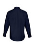 A long-sleeve shirt in navy blue with a collar and button-up cuffs, featuring a logo on the back.