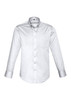 A white long sleeve button-up shirt with a single chest pocket and a collar, featuring a logo.