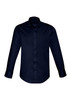A navy long-sleeve button-up shirt featuring a chest pocket and a classic collar. It has a logo on the front.
