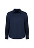 A navy long sleeve women's shirt featuring a collar and button front, with a simple design and branding present.