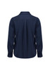 A navy blue women's long sleeve shirt featuring a collared neckline and back pleat detail. It includes a logo.