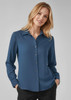 A women's long sleeve button-up shirt in a soft blue shade featuring a collar and front buttons.