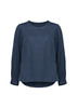 A navy long sleeve blouse with a round neckline and gathered sleeves. It features a subtle sheen and a loose fit.