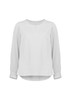 A women's long sleeve blouse in a soft white colour with a round neckline and button detail. It features a relaxed fit.