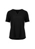 A black women's short sleeve blouse with a V-neck and a relaxed fit. The blouse features ruching details and has a logo.