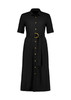 A black midi dress with short sleeves, button-down front, and a belt featuring a gold buckle. It has a logo present.