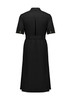 A black midi dress with short sleeves, a belted waist, and a buttoned back. Features a logo.