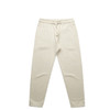 Cream-coloured track pants with an elastic waistband and side pockets, featuring a logo.