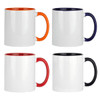 Four ceramic mugs in white with contrasting coloured handles and rims: orange, blue, red, and black. Each mug has a logo.