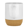 A ceramic mug with a glossy white upper and a cork textured base, featuring a handle.