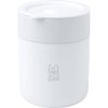 A ceramic tumbler in white with a silicone wrap, featuring a lid and a logo.