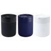 A drink bottle set featuring three ceramic tumblers in black, navy, and white, each with a silicone wrap and a lid.