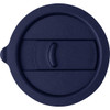 A drink bottle lid in navy blue, made of silicone, featuring a sliding closure mechanism and a smooth surface.