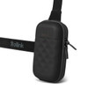 A black travel pouch with a textured surface and an adjustable strap. It features a logo on the front.