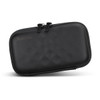 A black zippered travel pouch with a textured surface, featuring a logo on the front.