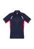A navy blue and red short sleeve polo shirt featuring contrast panels and a logo.